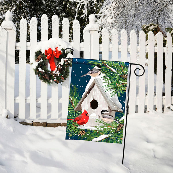 Birdhouse in Winter Garden Flag