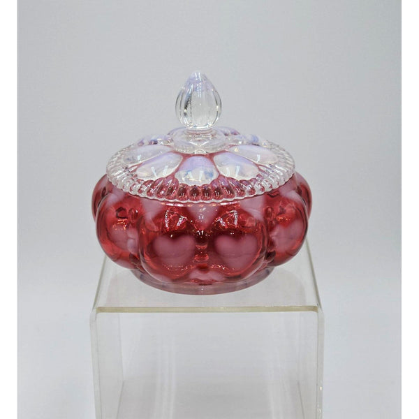 Puff Box-Cranberry Opalescent Heart Optic-Fenton Art Glass