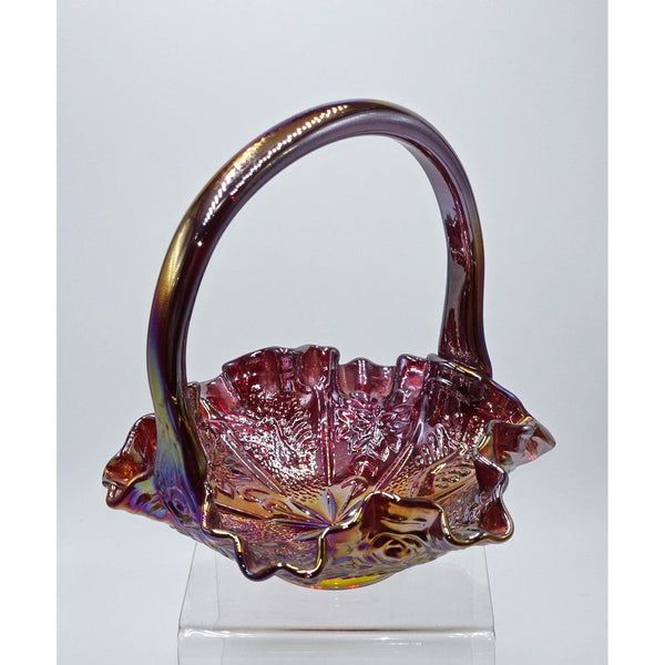 Peacock and Dahlia Basket-Red Carnival-Fenton Art Glass