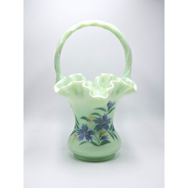Basket-Victorian Bouquet on Sea Green Satin Iridized-Fenton Art Glass