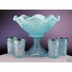 Hobstar Punch Bowl Set - Aquamarine Opalescent - Fenton Art Glass