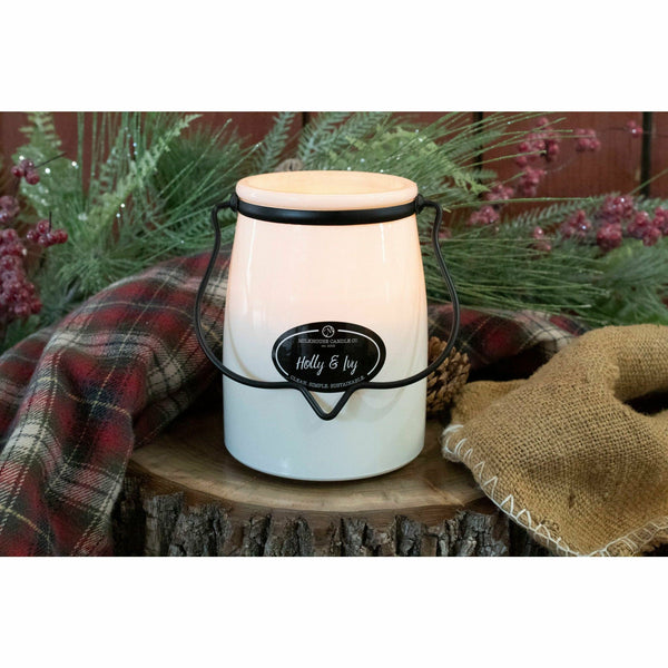 Milkhouse Candles 22 oz. Butter Jar-Holly & Ivy - S and K Collectibles