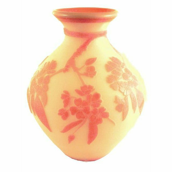 9 1/2" Vase - Cameo Carved Cherry Blossoms on Burmese - Fenton Art Glass