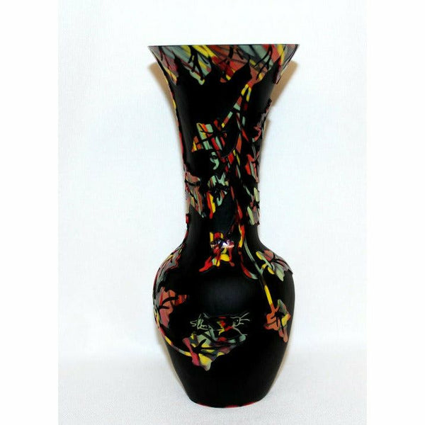 9" Cameo Carved Mosaic Vase - Ivy on Black - Fenton Art Glass